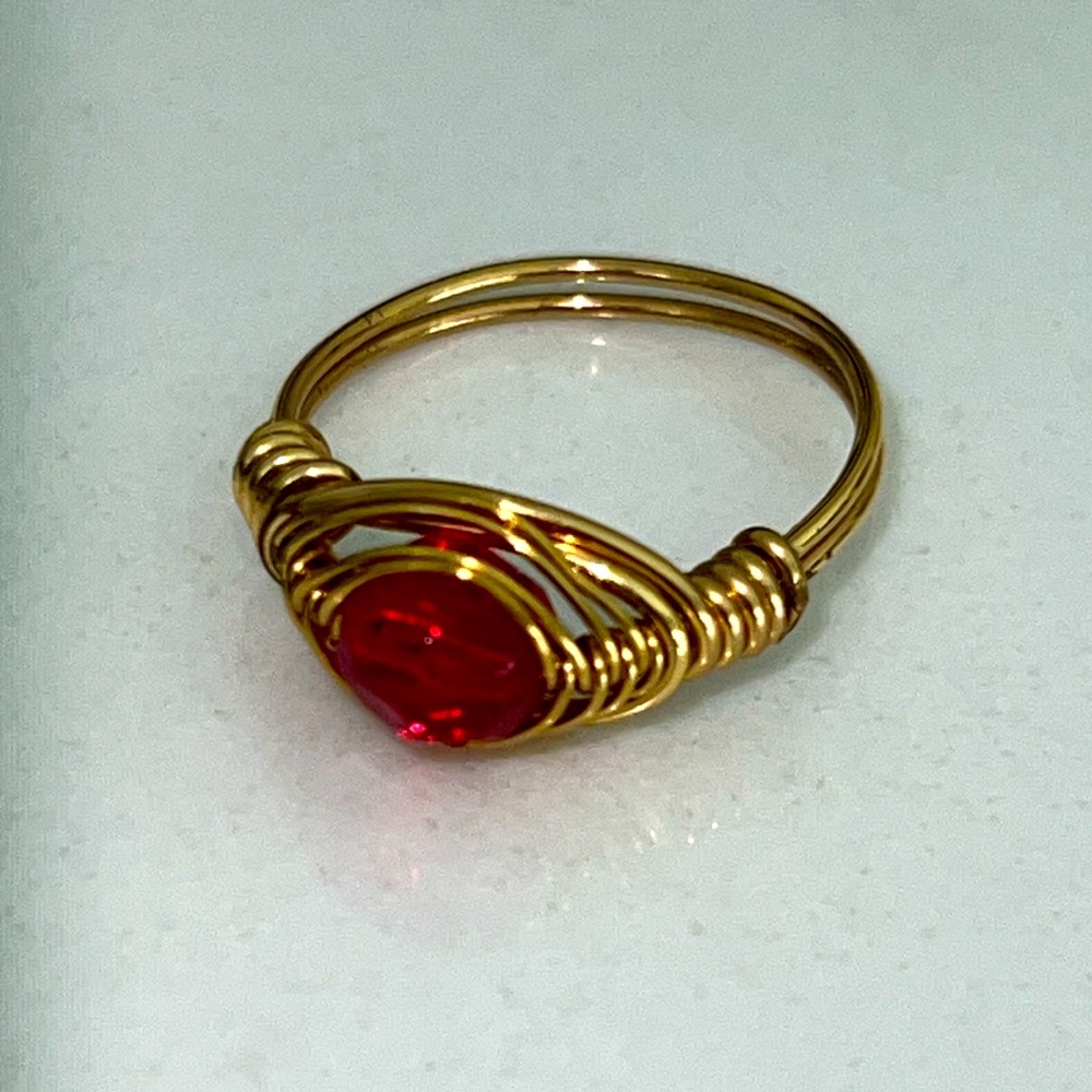 Hand-crafted Artisan Wire Wrapped Ring with Round Ruby Red Faceted Stone